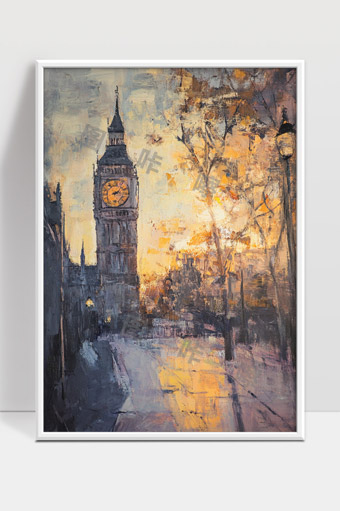 夕阳映照下的伦敦大本钟与街道油画风景
