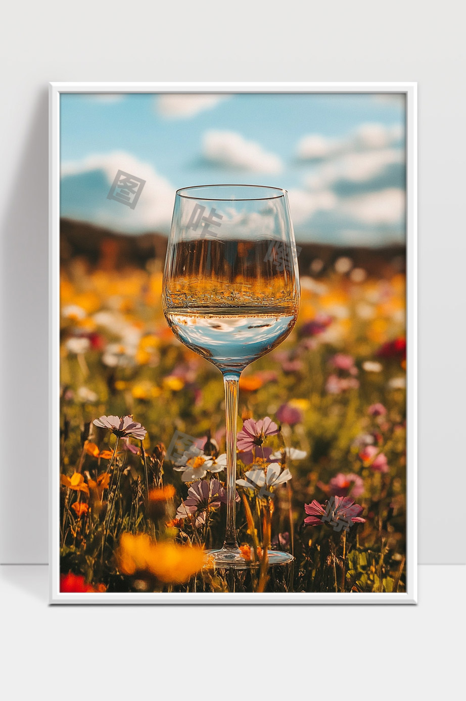 透明酒杯映射花海自然风光唯美摄影画面