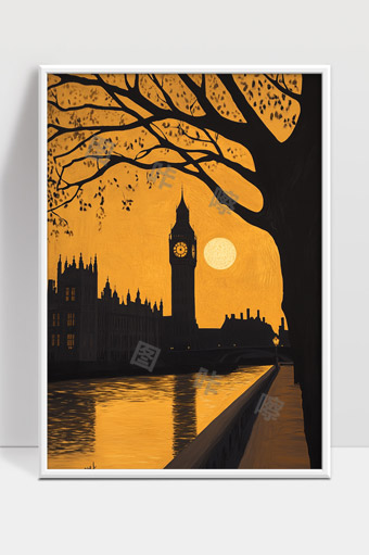 夕阳映照下伦敦大本钟与泰晤士河黄昏美景