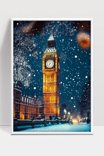 伦敦大本钟冬夜雪景城市风光唯美摄影