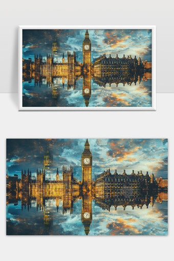 夕阳映照下的伦敦国会大厦和大本钟倒影美景