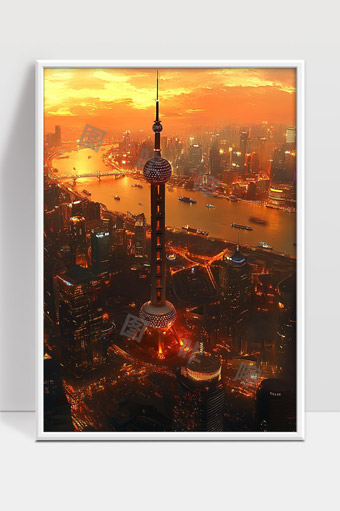 黄浦江畔东方明珠夜景璀璨上海城市全景