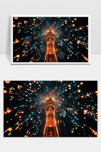 夜晚灯光璀璨城市高塔焰火绽放视觉盛宴