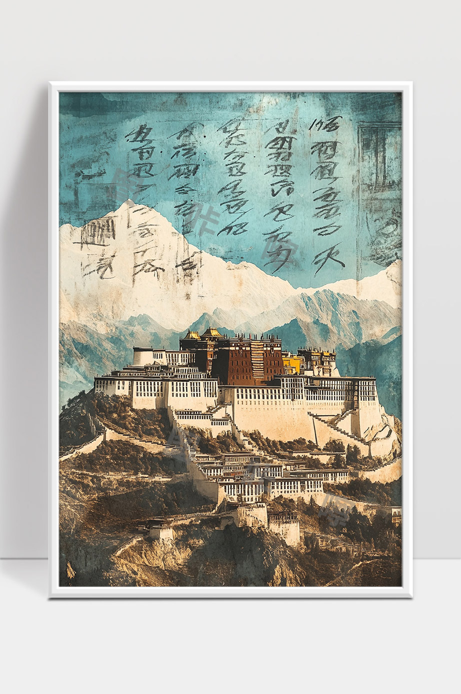 布达拉宫雪山背景藏文化历史艺术绘画