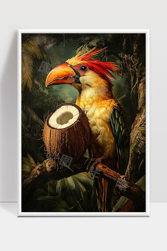 热带雨林中羽冠艳丽巨喙鸟与椰子静谧栖息画面