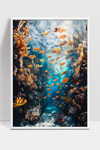 蔚蓝海底五彩斑斓珊瑚鱼群悠游画面