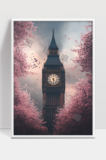 春色中的伦敦大本钟樱花环绕唯美场景