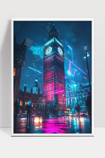 夜晚赛博朋克风格伦敦大本钟城市街景
