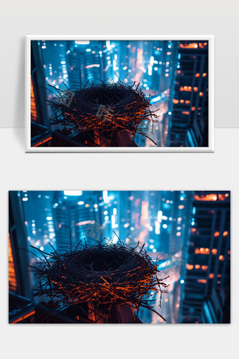 城市夜景中高楼阳台上的空鸟巢错落有致