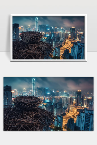 城市夜景高楼建筑与巨型鸟巢艺术装置融合景观