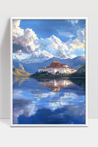 雪山映照下的布达拉宫湖光山色美景