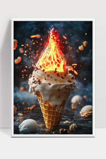 火焰融化冰淇淋甜筒创意美食摄影图