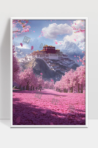 雪山下布达拉宫与盛开的粉色樱花林美景