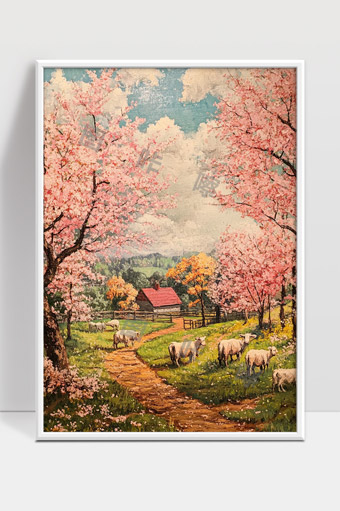 春天乡村田园风光羊群花海小路宁静美景