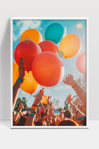 欢庆聚会中五彩气球飞舞人群尽享欢乐时光