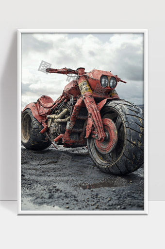 红色改装复古重型摩托车孤独停靠荒野之中