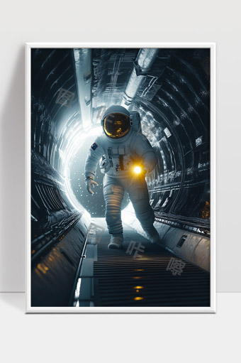 太空隧道中手持手电的宇航员探险场景