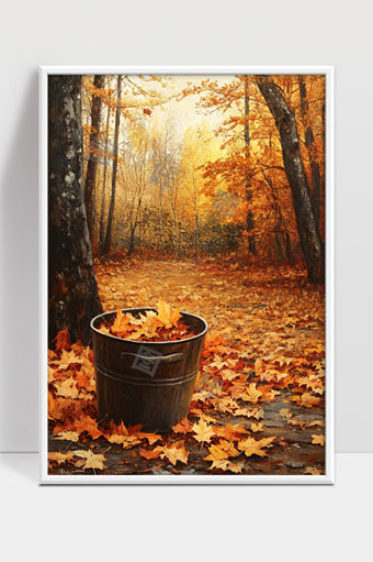 秋日林间落叶满地桶中景色宁静自然美丽