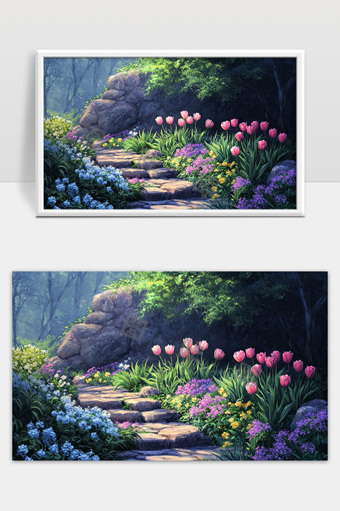 阳光花园中的石阶鲜花盛开美丽景色