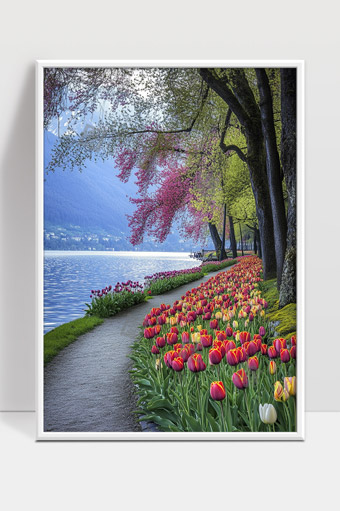 春日湖畔郁金香花海绽放美丽自然风光