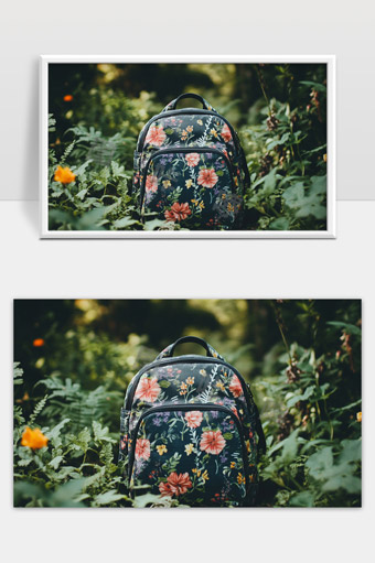 花卉图案双肩背包静置于绿色植物丛中自然风景