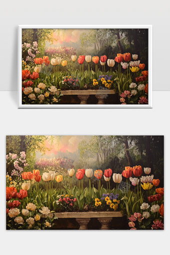 春日花园郁金香盛开美丽自然风景画