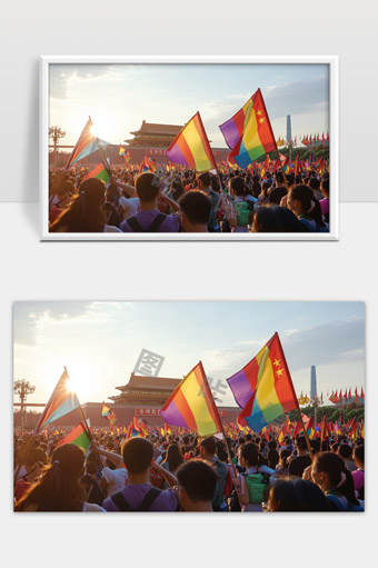 天安门前多元文化彩虹旗人群庆祝活动盛况