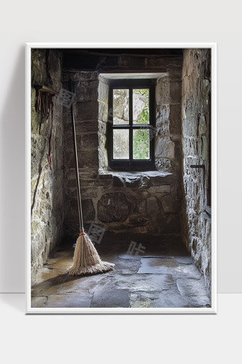 古老石墙小房间内帚子静静伫立窗外绿意隐约