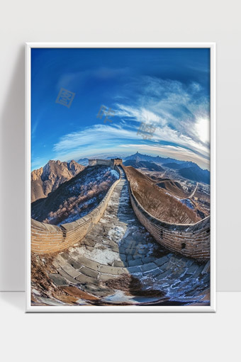 雄伟壮观的冬季长城风光蓝天白云映衬