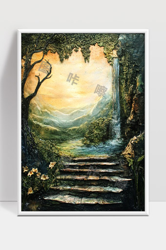 神秘古老石阶通向幽静山谷梦幻瀑布景色