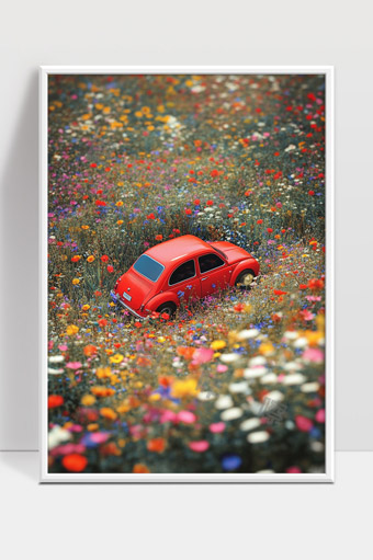 红色复古小车停在五彩缤纷花海之中