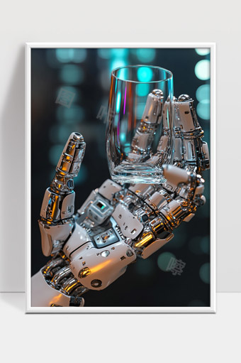 未来科技机器人手持玻璃杯高科技智能机械臂特写