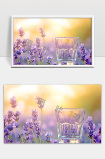 薰衣草花海中的清晨水杯宁静自然美景