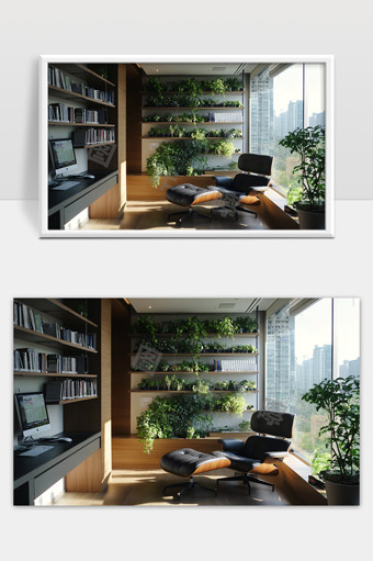 现代家居书房绿色植物与舒适休闲椅完美结合