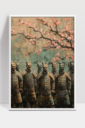 秦始皇兵马俑与盛开的桃花展现历史与自然之美