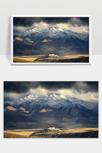 巍峨雪山下的藏族古堡阳光映照壮丽景色