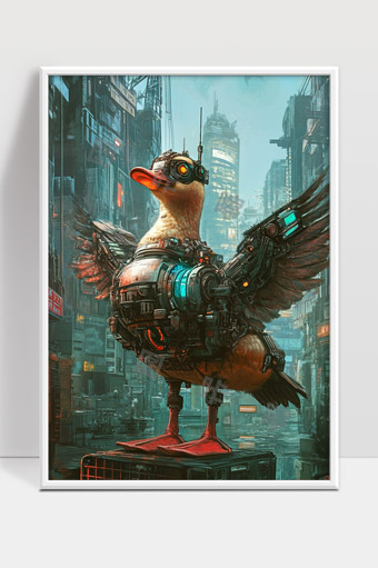 赛博朋克机械鸭子在未来都市中的奇异景象