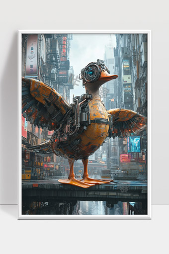 未来都市中的机械鸭子科幻机器智能结合生物机械