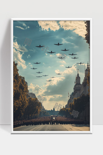 城市上空的飞机编队壮观飞行庆典场景