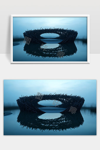 湖面上的巨型鸟巢形状艺术装置宁静自然美景