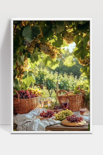阳光葡萄园丰收季节葡萄酒与果篮静谧乡村田园风光