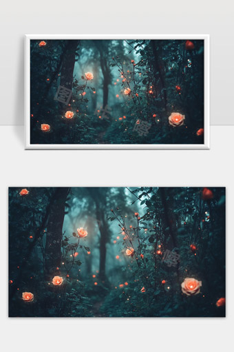 幽暗森林中绽放的梦幻橙色玫瑰花海美丽景象