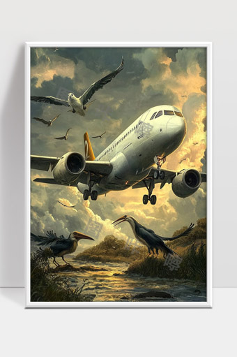 飞机与飞鸟共舞在暮色天空自然奇观美景