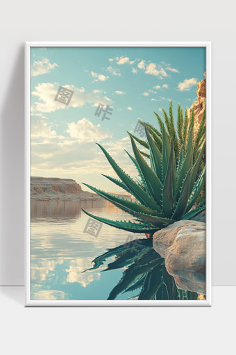 沙漠水边多肉植物与蓝天白云宁静自然风光