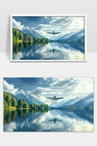宁静湖面上小飞机飞越山水自然美景
