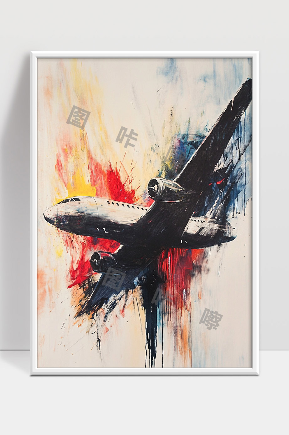 现代抽象风格客机飞行动态油画作品展示