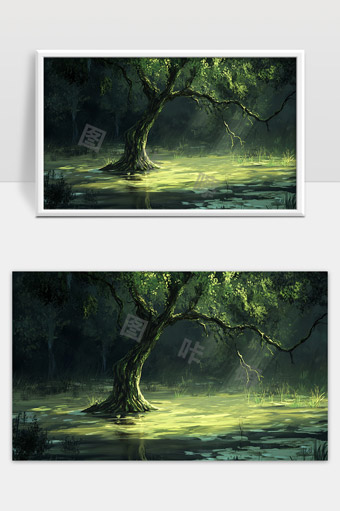 神秘幽暗沼泽中独特扭曲古树光影交织