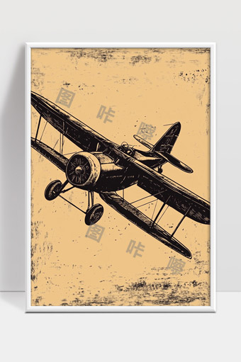 复古风格手绘双翼飞机飞行插画