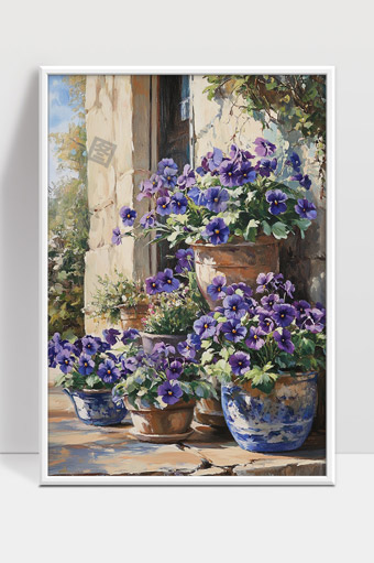 温暖阳光下庭院中的紫色三色堇花盆静谧美景