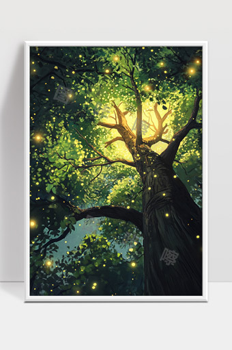 森林深处夜晚萤火虫环绕神秘古树光影交织